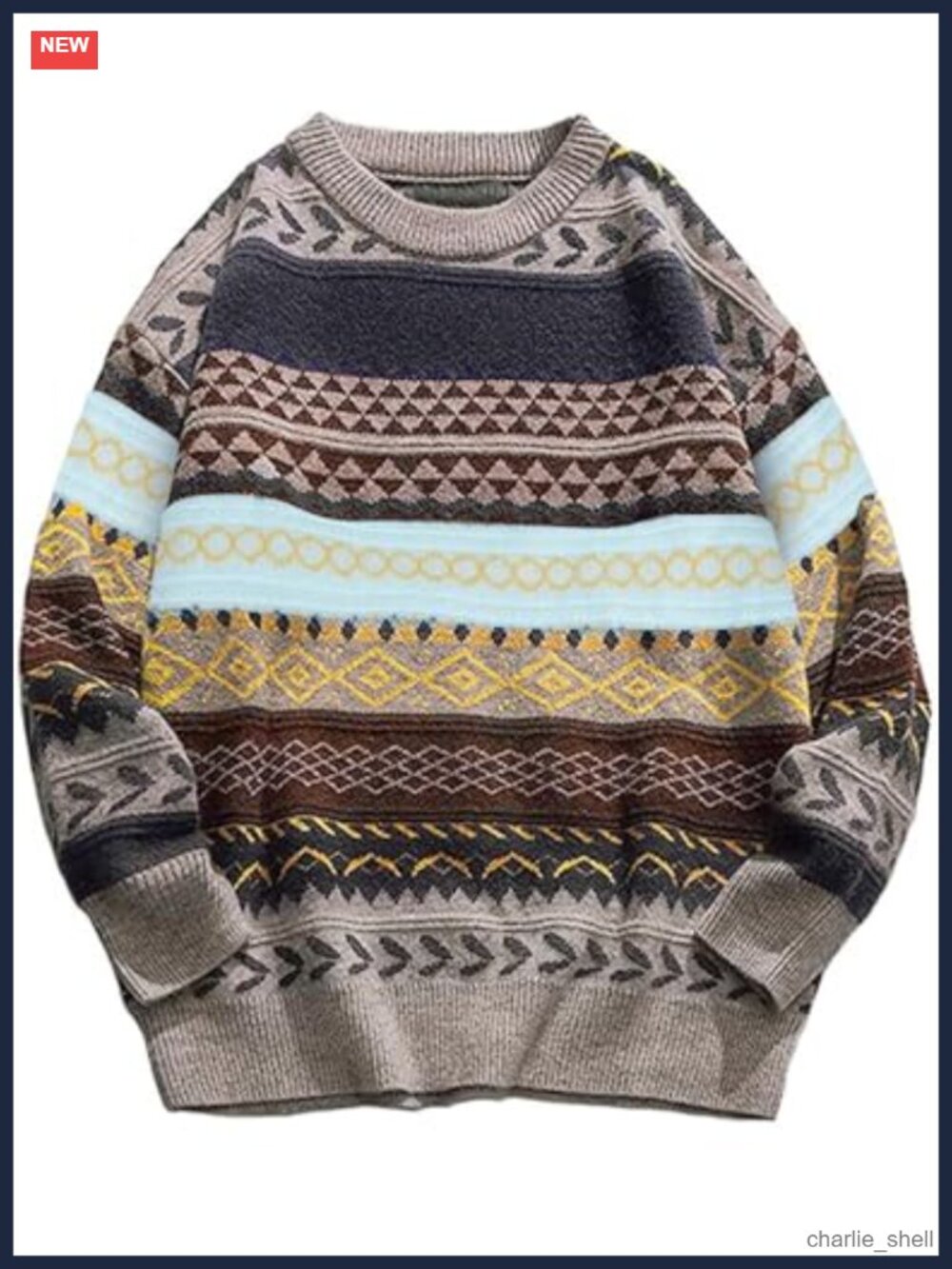 Mens Cable Knit Aztec Pullover Sweater Loose Fit Crew Neck Acrylic